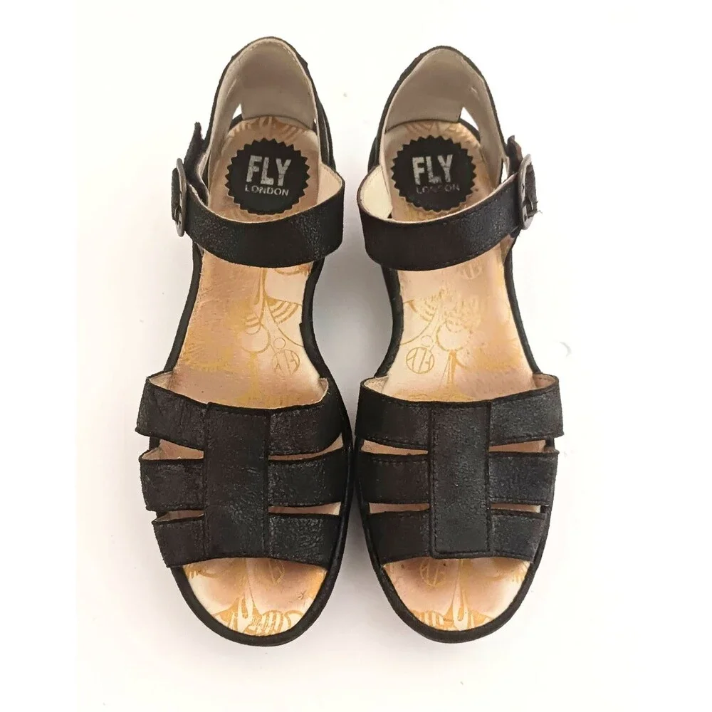 FLY London Rese730Fly Blk Leather Strappy Wedge Sandal Ankle Strap 39/8-8.5